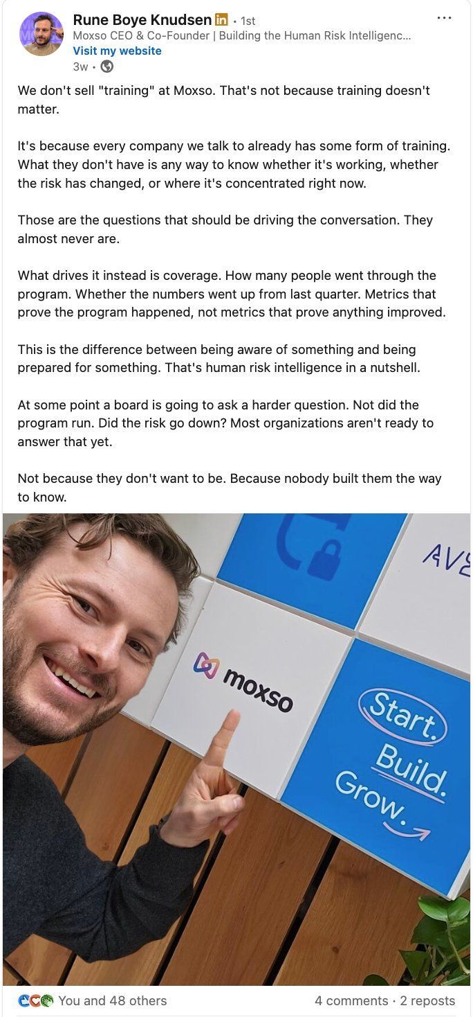 LinkedIn post crafted with Moxso's CEO on measuring risk instead of training completion
