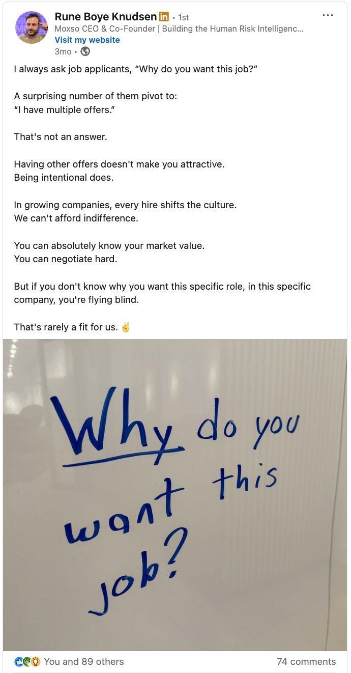 LinkedIn post crafted with Moxso's CEO on what he asks every job applicant