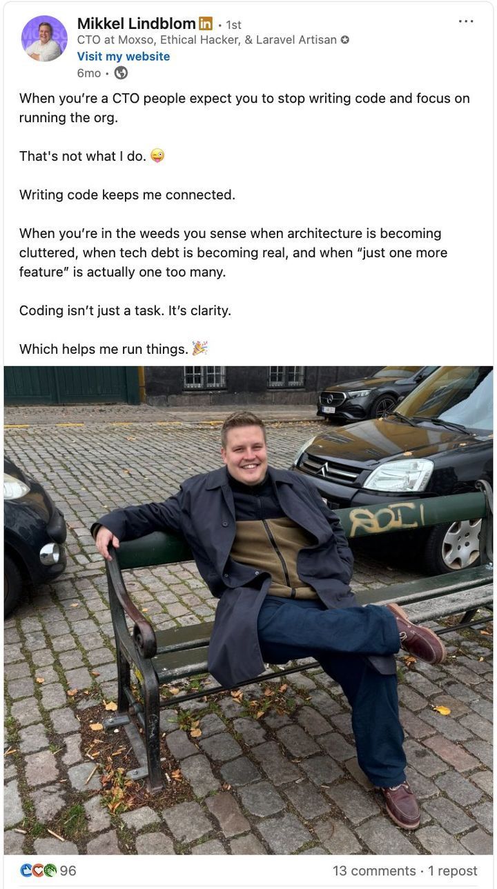 LinkedIn post crafted with Moxso's CTO on why he still writes code