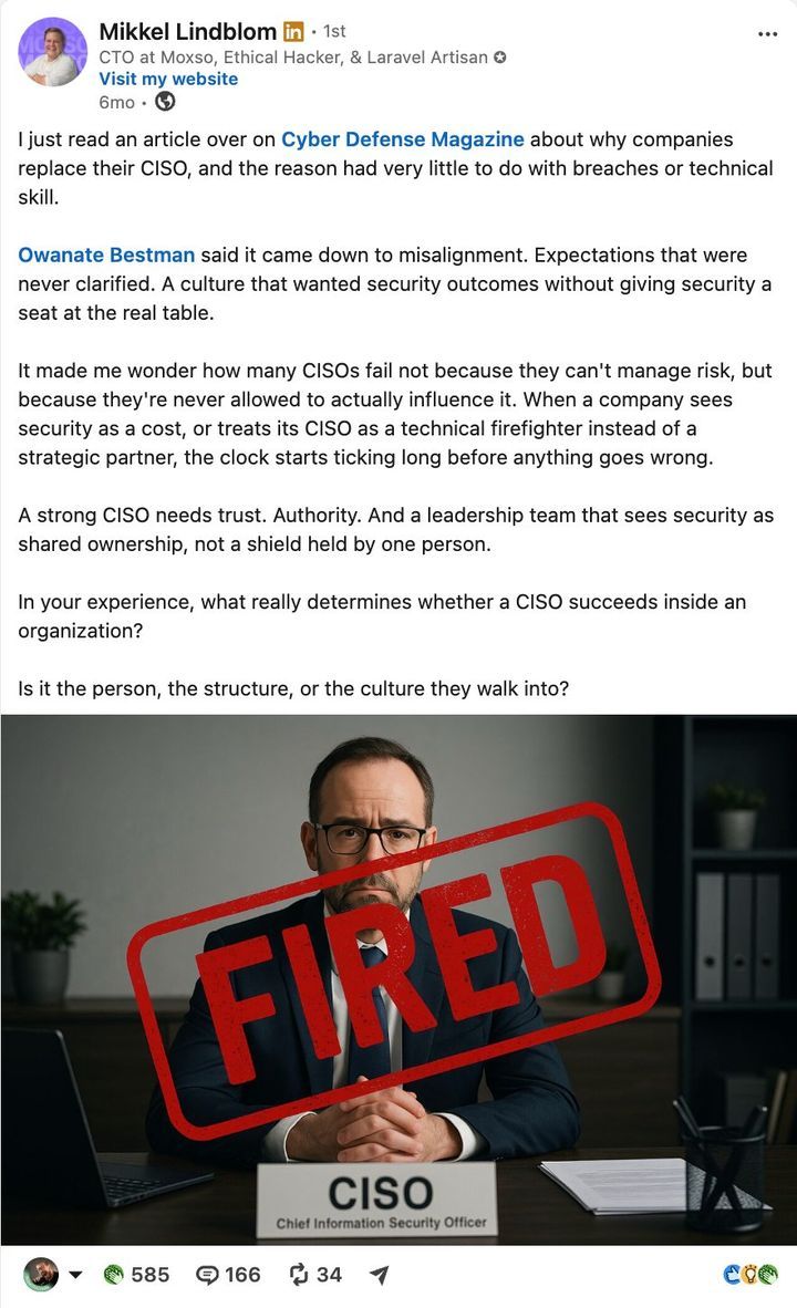 LinkedIn post crafted with Moxso's CTO on why CISOs get replaced, 585 reactions and 166 comments