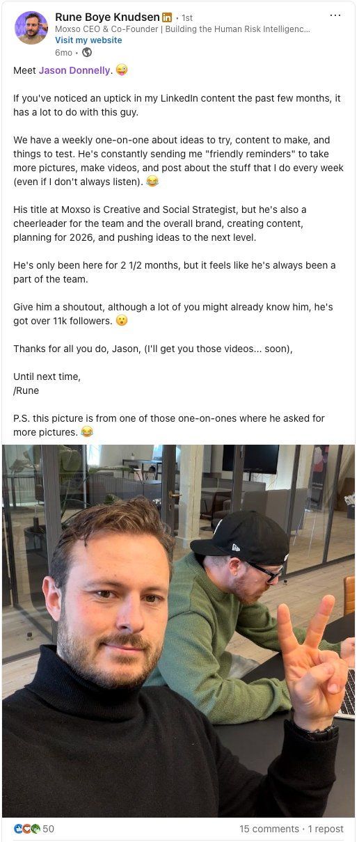 The CEO's public LinkedIn post crediting Jason Donnelly for the uptick in his content